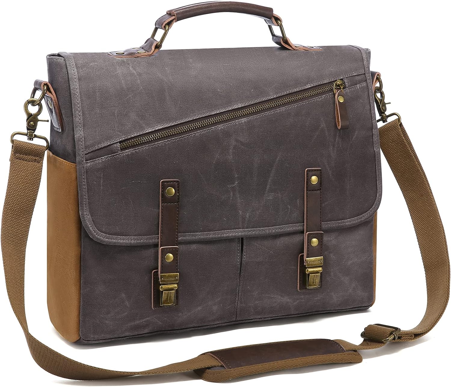 LOVEVOOK Mens Messenger Bag， 15.6 Inch Waterproof Waxed Canvas Briefcase Vintage Leather Computer Laptop Book Bag Large Satchel Shoulder Bag for Work， Travel， School - Image 1